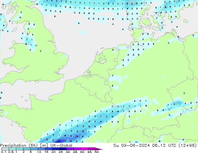 Précipitation (6h) UK-Global dim 09.06.2024 12 UTC