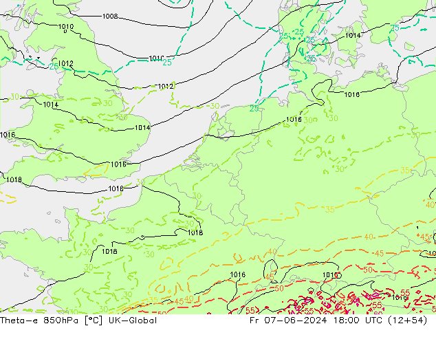 Theta-e 850hPa UK-Global vr 07.06.2024 18 UTC