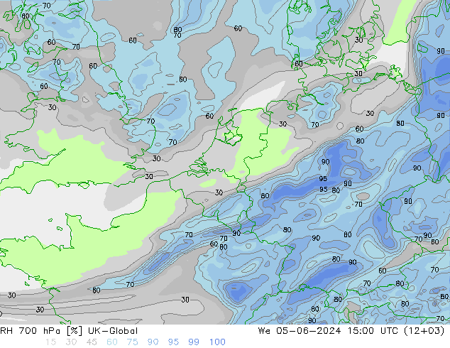 Humidité rel. 700 hPa UK-Global mer 05.06.2024 15 UTC