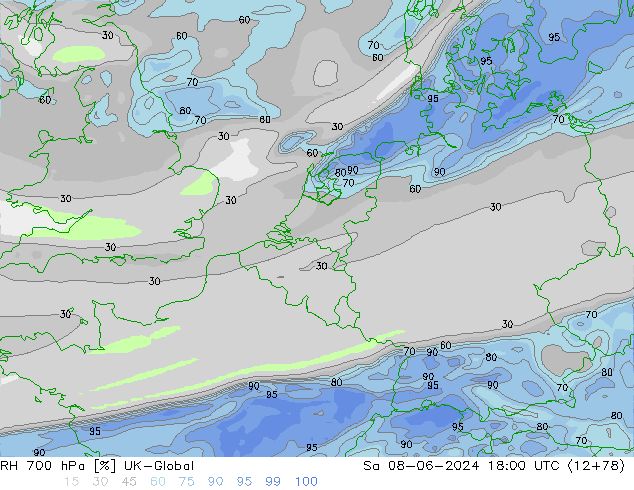 Humedad rel. 700hPa UK-Global sáb 08.06.2024 18 UTC