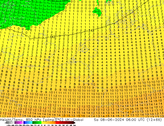 Height/Temp. 850 hPa UK-Global sab 08.06.2024 06 UTC