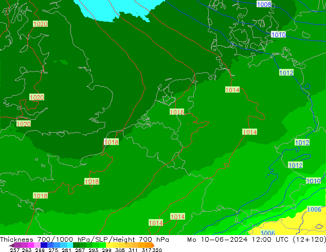 Espesor 700-1000 hPa UK-Global lun 10.06.2024 12 UTC