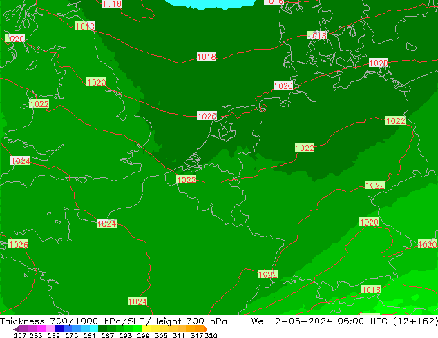 Thck 700-1000 hPa UK-Global We 12.06.2024 06 UTC