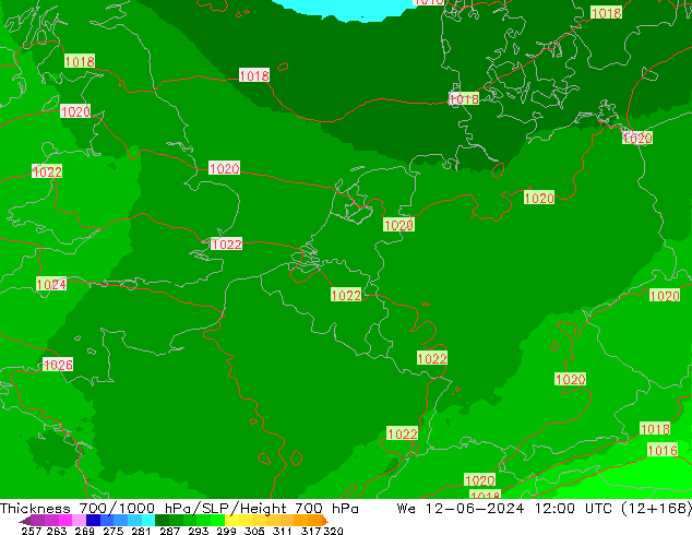 Espesor 700-1000 hPa UK-Global mié 12.06.2024 12 UTC