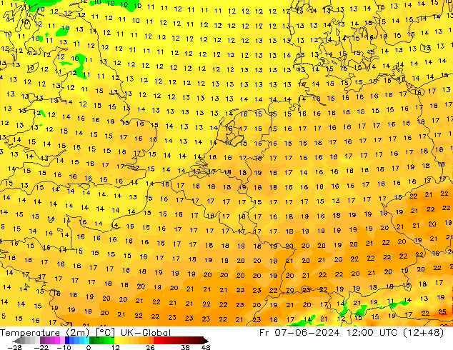 Temperaturkarte (2m) UK-Global Fr 07.06.2024 12 UTC