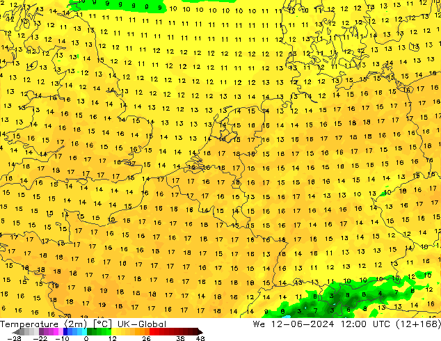 température (2m) UK-Global mer 12.06.2024 12 UTC