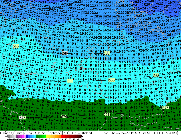 Height/Temp. 500 hPa UK-Global Sa 08.06.2024 00 UTC