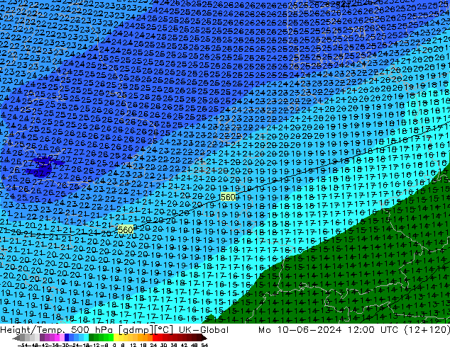 Height/Temp. 500 hPa UK-Global Mo 10.06.2024 12 UTC