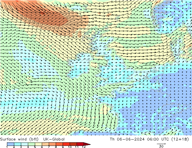 Viento 10 m (bft) UK-Global jue 06.06.2024 06 UTC