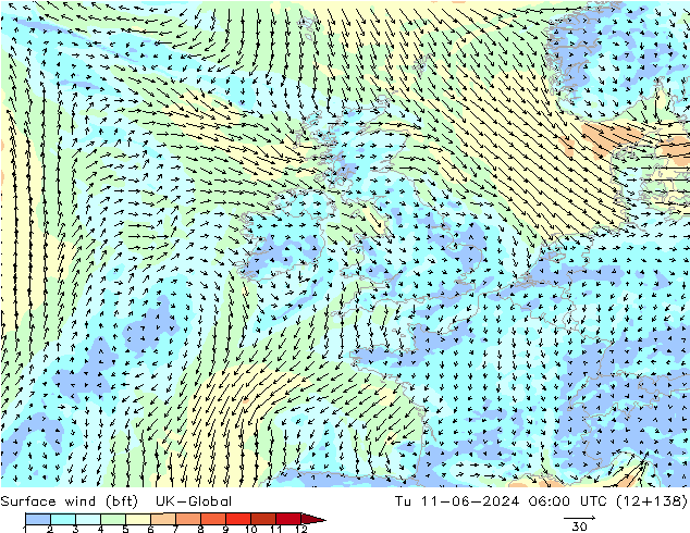 Surface wind (bft) UK-Global Tu 11.06.2024 06 UTC