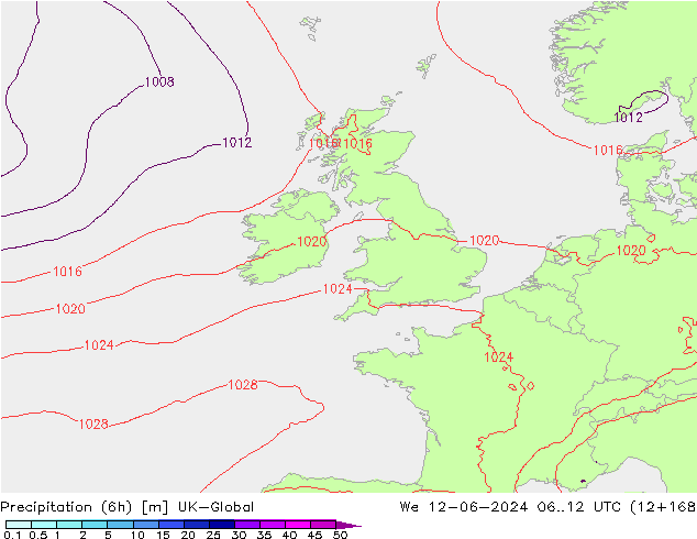 Totale neerslag (6h) UK-Global wo 12.06.2024 12 UTC