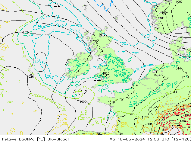 Theta-e 850hPa UK-Global Pzt 10.06.2024 12 UTC