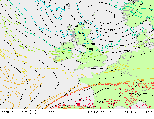 Theta-e 700hPa UK-Global Sa 08.06.2024 09 UTC