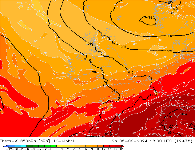 Theta-W 850hPa UK-Global sáb 08.06.2024 18 UTC