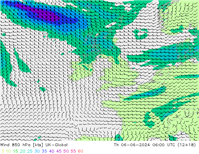 Viento 850 hPa UK-Global jue 06.06.2024 06 UTC