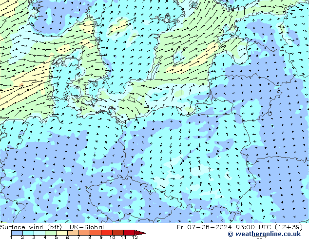Wind 10 m (bft) UK-Global vr 07.06.2024 03 UTC