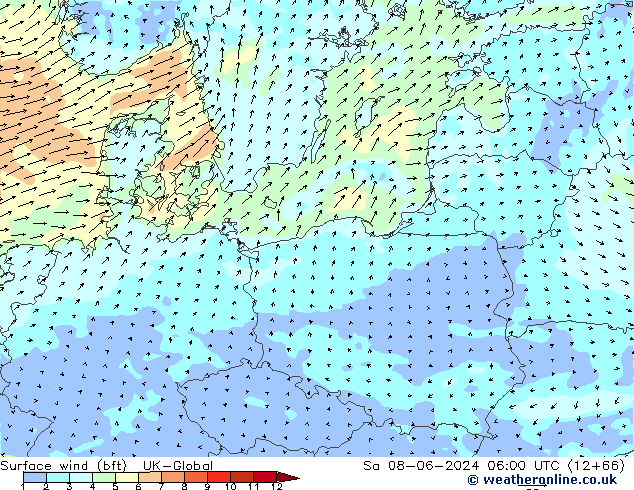 Vento 10 m (bft) UK-Global Sáb 08.06.2024 06 UTC