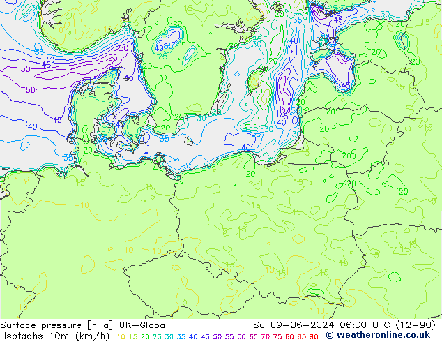 Isotachs (kph) UK-Global dom 09.06.2024 06 UTC