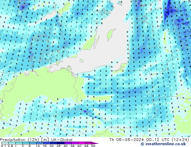 Précipitation (12h) UK-Global jeu 06.06.2024 12 UTC