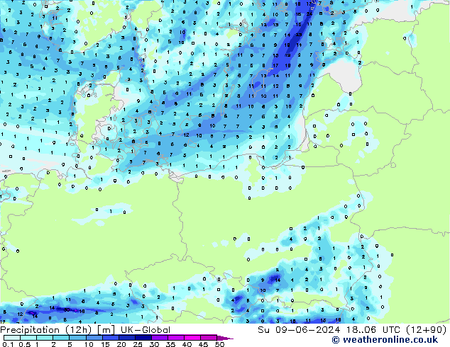 Totale neerslag (12h) UK-Global zo 09.06.2024 06 UTC