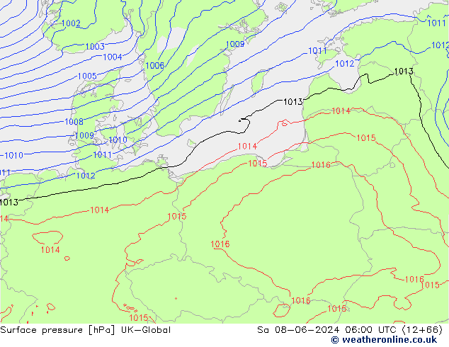 Presión superficial UK-Global sáb 08.06.2024 06 UTC