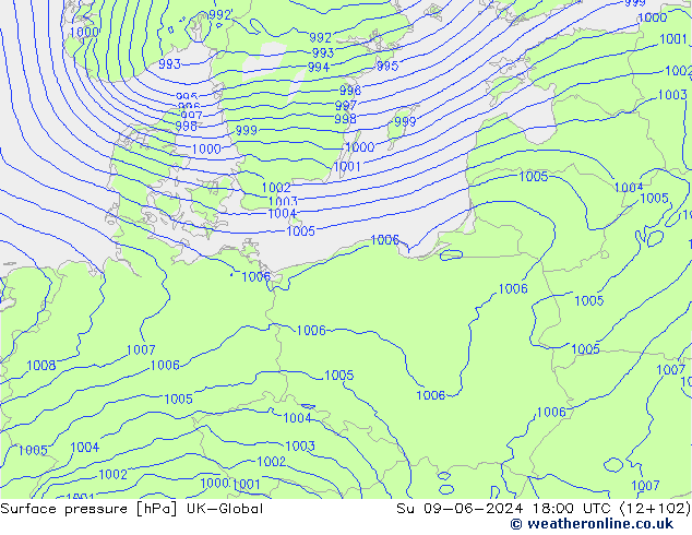 Pressione al suolo UK-Global dom 09.06.2024 18 UTC