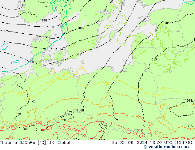 Theta-e 850hPa UK-Global So 08.06.2024 18 UTC