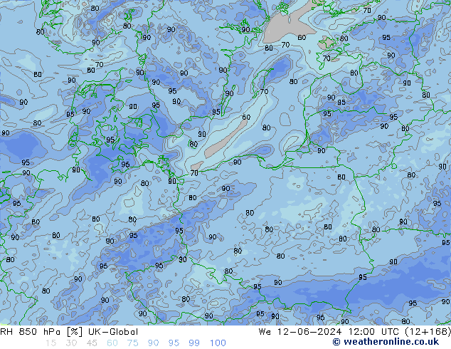 Humedad rel. 850hPa UK-Global mié 12.06.2024 12 UTC