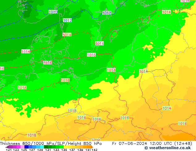 Espesor 850-1000 hPa UK-Global vie 07.06.2024 12 UTC