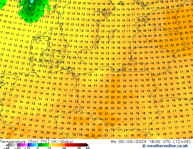 mapa temperatury (2m) UK-Global śro. 05.06.2024 18 UTC