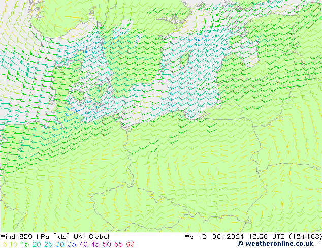 Wind 850 hPa UK-Global We 12.06.2024 12 UTC