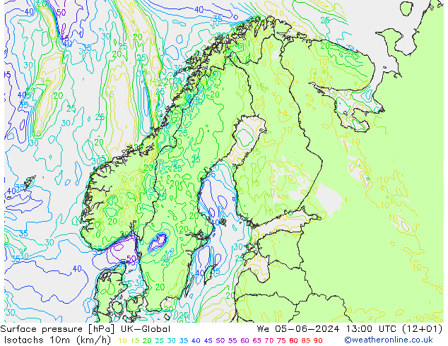 Isotachs (kph) UK-Global Qua 05.06.2024 13 UTC