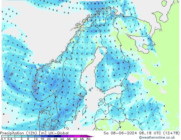 осадки (12h) UK-Global сб 08.06.2024 18 UTC