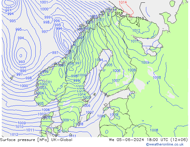pressão do solo UK-Global Qua 05.06.2024 18 UTC