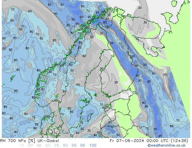 Humidité rel. 700 hPa UK-Global ven 07.06.2024 00 UTC