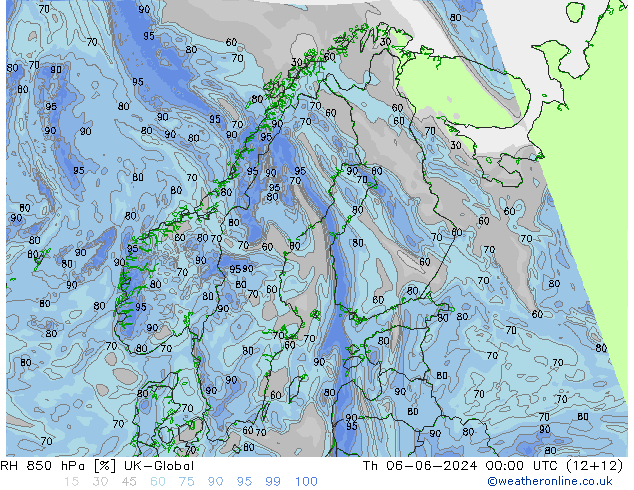 RH 850 hPa UK-Global Th 06.06.2024 00 UTC