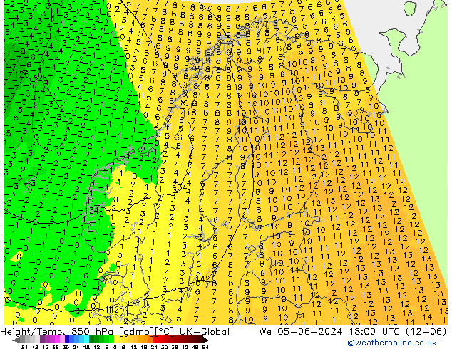 Height/Temp. 850 гПа UK-Global ср 05.06.2024 18 UTC