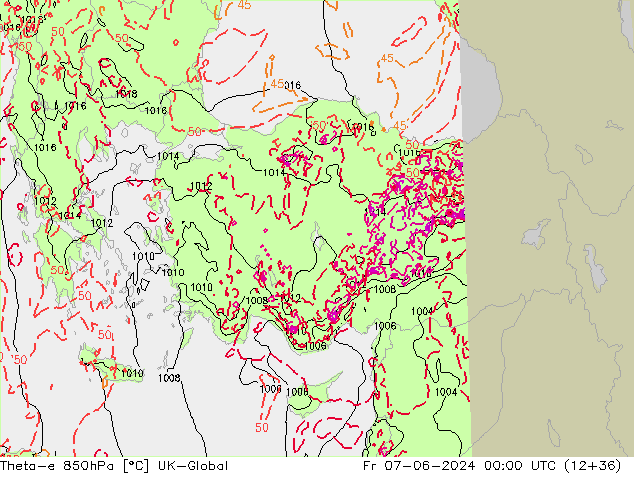 Theta-e 850hPa UK-Global Fr 07.06.2024 00 UTC