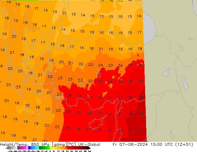 Geop./Temp. 850 hPa UK-Global vie 07.06.2024 15 UTC