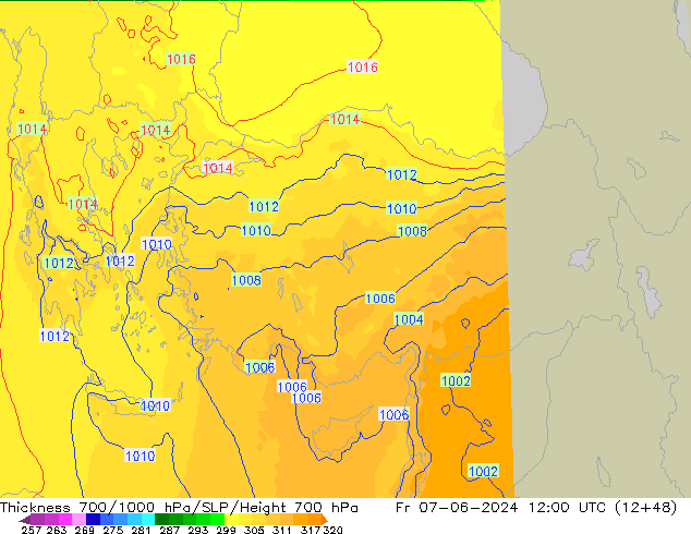 Thck 700-1000 гПа UK-Global пт 07.06.2024 12 UTC