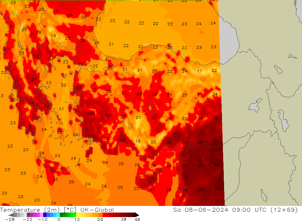 température (2m) UK-Global sam 08.06.2024 09 UTC