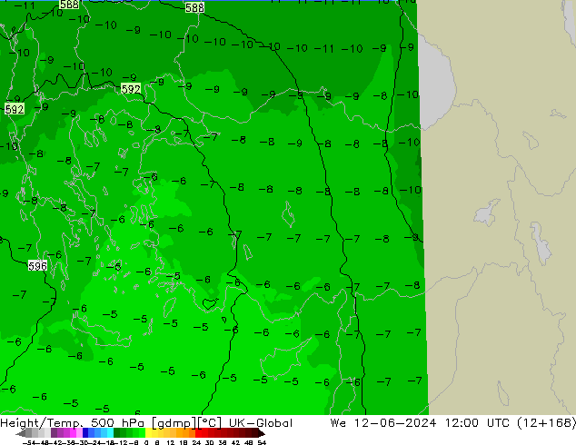Height/Temp. 500 hPa UK-Global mer 12.06.2024 12 UTC