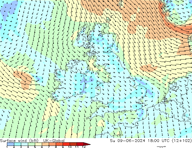 Vent 10 m (bft) UK-Global dim 09.06.2024 18 UTC
