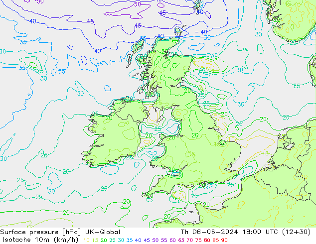 Isotaca (kph) UK-Global jue 06.06.2024 18 UTC