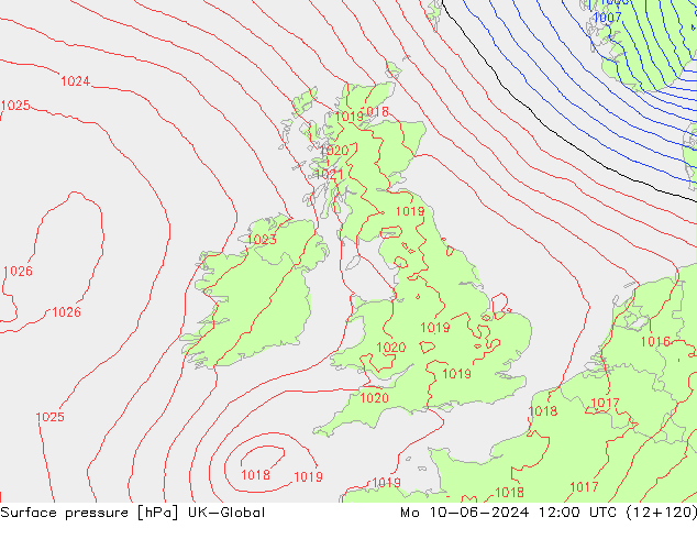 Pressione al suolo UK-Global lun 10.06.2024 12 UTC