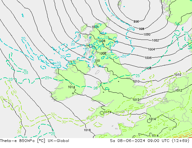 Theta-e 850hPa UK-Global Cts 08.06.2024 09 UTC