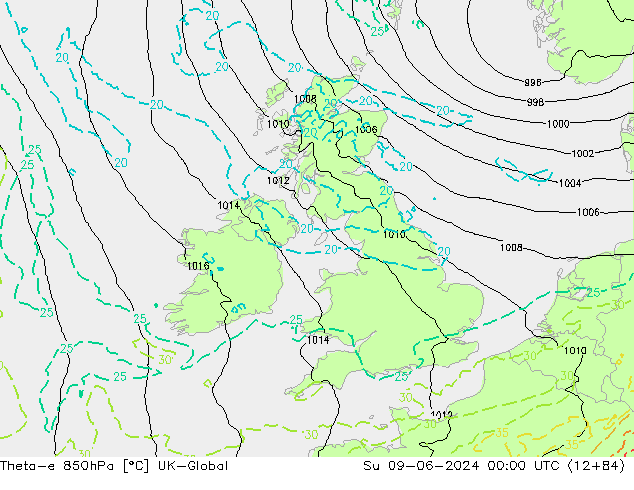 Theta-e 850hPa UK-Global Su 09.06.2024 00 UTC