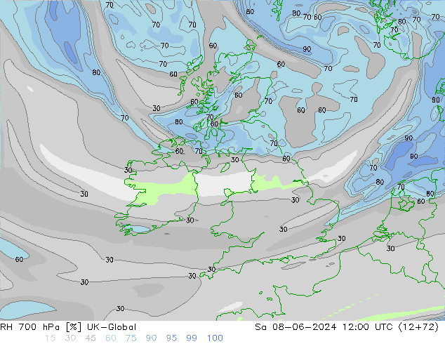 Humidité rel. 700 hPa UK-Global sam 08.06.2024 12 UTC