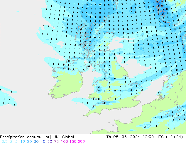 Precipitation accum. UK-Global gio 06.06.2024 12 UTC