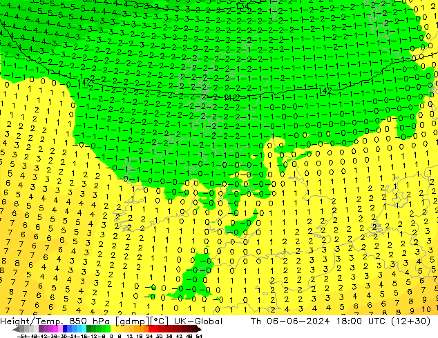 Height/Temp. 850 hPa UK-Global Th 06.06.2024 18 UTC